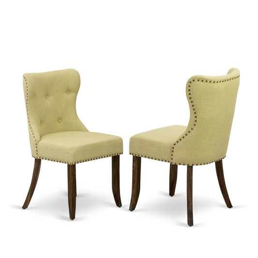 East West Furniture - Set of 2 - Parsons Chair- Upholstered Chair Includes Distressed Jacobean Wooden Structure with Limelight Linen Fabric Seat with Nail Head and Button Tufted Back