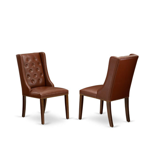 FOP3T46 Kitchen Parson Chairs - Brown Linen Fabric Upholstered Dining Chairs and Button Tufted Back with Mahogany Rubber Wood Legs - Dining Room Chairs Set of 2 - Set of 2