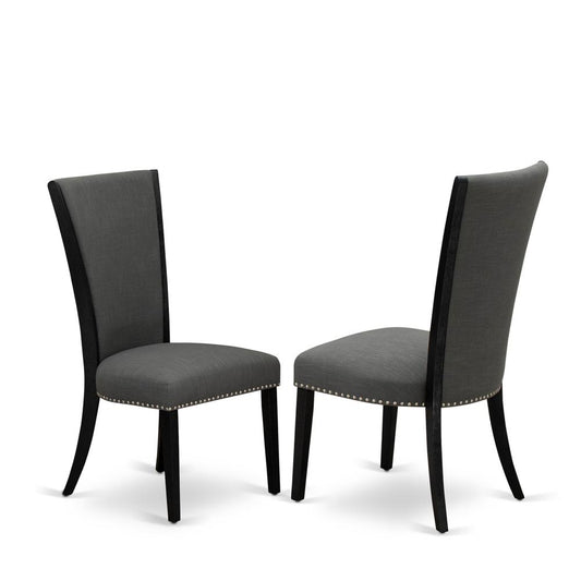 East West Furniture - Set of 2 - Dining Room Chairs- Wooden Chair Includes Black Wooden Structure with Dark Gotham Grey Linen Fabric Seat with Nail Head and Stylish Back