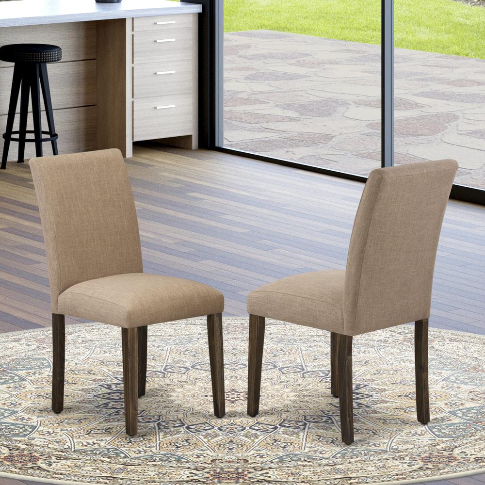 East West Furniture Set of 2 Parsons Chairs - Light Sable Linen Fabric Seat and High Back - Distressed Jacobean Finish