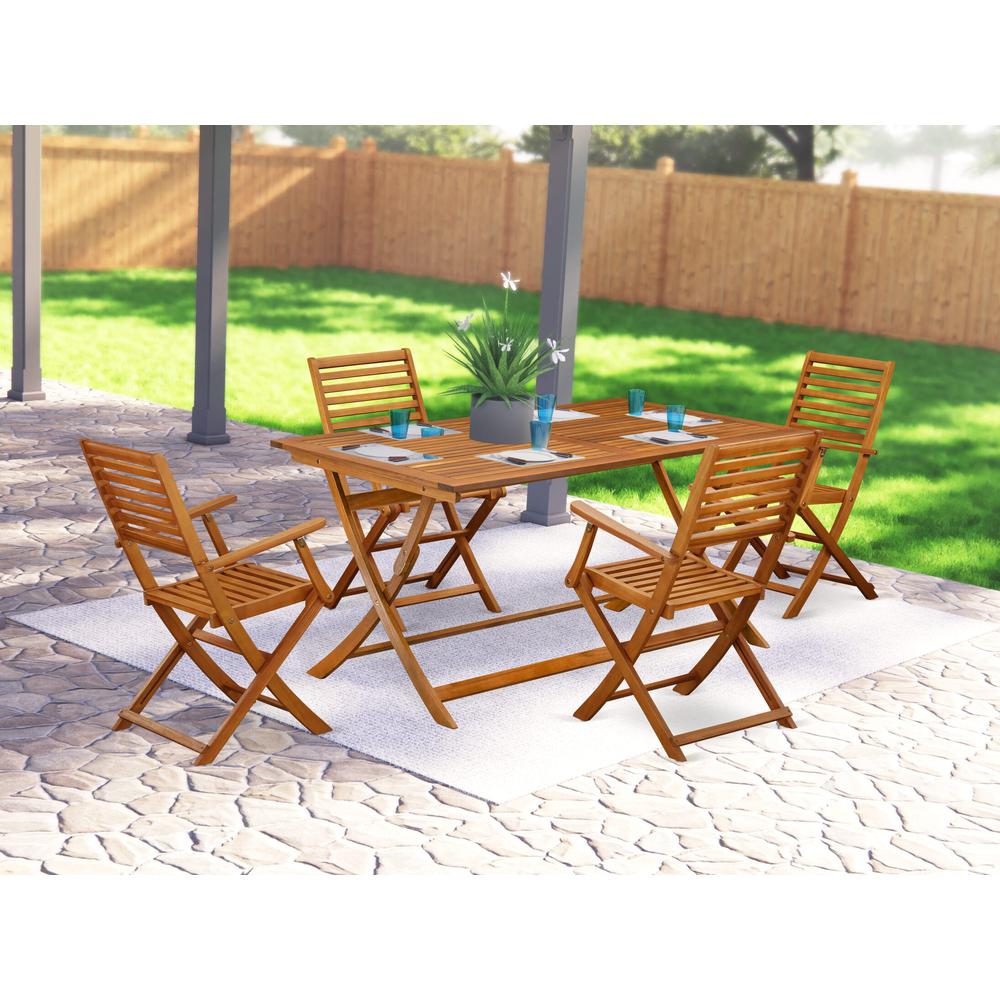 East West Furniture 5 Piece Excellent Folding Table Set- Great for The Shore, Camping, Picnics - Beautiful Wood Patio Table with 4 Lawn ArmChairs- Natural Oil Finish