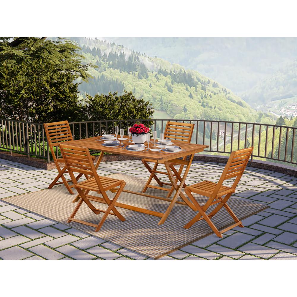 East West Furniture 5 Piece Superior Patio Dining Table Set- Ideal for The Beach, Campy, Picnics - Beautiful Bistro Table with 4 Arms Less Outdoor Folding Chairs - Natural Oil Finish