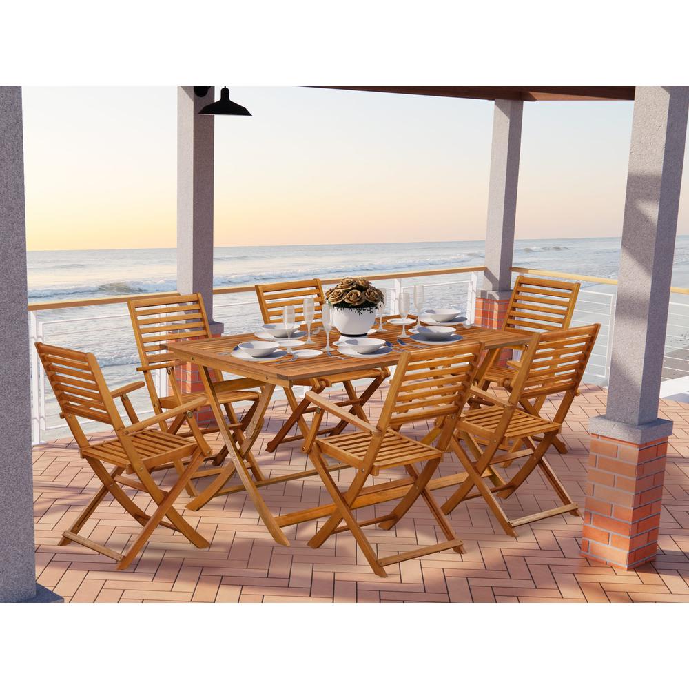 East West Furniture 7 Piece Innovative Outside Patio Set- Excellent for The Shore, Camping, Picnics - Gorgeous Outdoor Patio Table with 6 Outdoor Patio ArmChairs- Natural Oil Finish