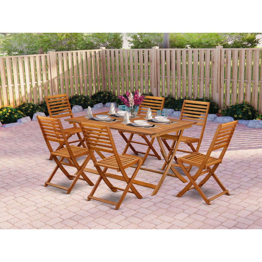 East West Furniture 7 Piece Bistro Table Set Outdoor- Great for The Beach, Campy, Picnics - Wonderful Wood Folding Table with 6 Arms Less Modern Dining Chairs- Natural Oil Finish