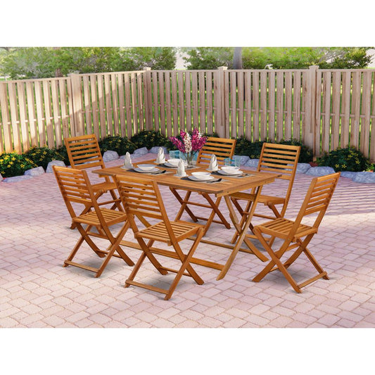 East West Furniture 7 Piece Bistro Table Set Outdoor- Great for The Beach, Campy, Picnics - Wonderful Wood Folding Table with 6 Arms Less Modern Dining Chairs- Natural Oil Finish