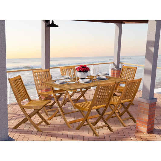 East West Furniture 7 Piece Superior Garden Set- Suitable for The Shore, Camping, Picnics - Lovely Wood Dining Table with 6 Arms Less Folding Patio Chairs- Natural Oil Finish