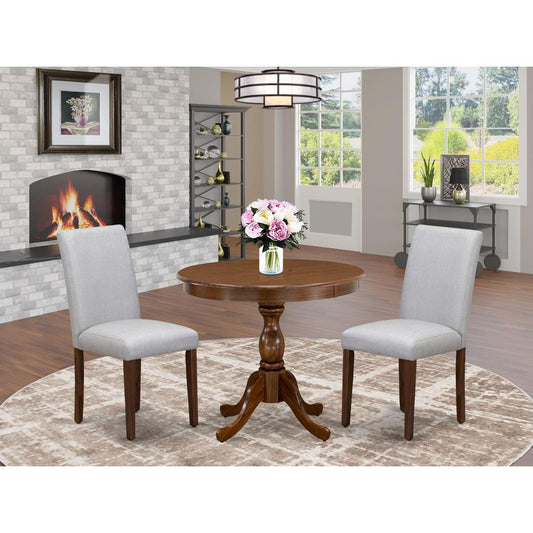 East West Furniture 3 Piece Dining Set Includes 1 Dinner Table and 2 Grey Linen Fabric Kitchen Chairs with High Back - Acacia Walnut Finish