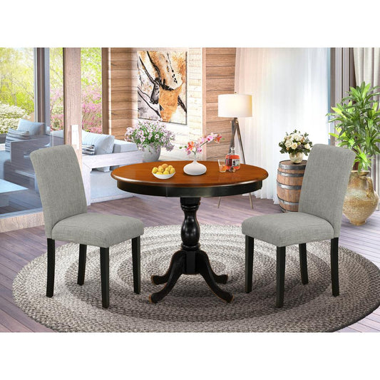 East West Furniture 3-Pc Dinning Room Set Contains a Round Dining Room Table and 2 Shitake Linen Fabric Dinner Chairs with High Back - Black Finish