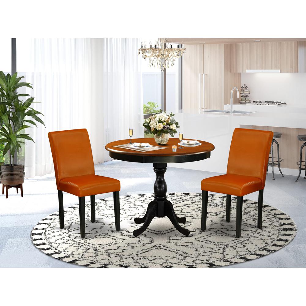 East West Furniture 3-Piece Round Dining Table Set Contains a Dining Table and 2 Baked Bean PU Leather Mid Century Dining Chair with High Back - Black Finish