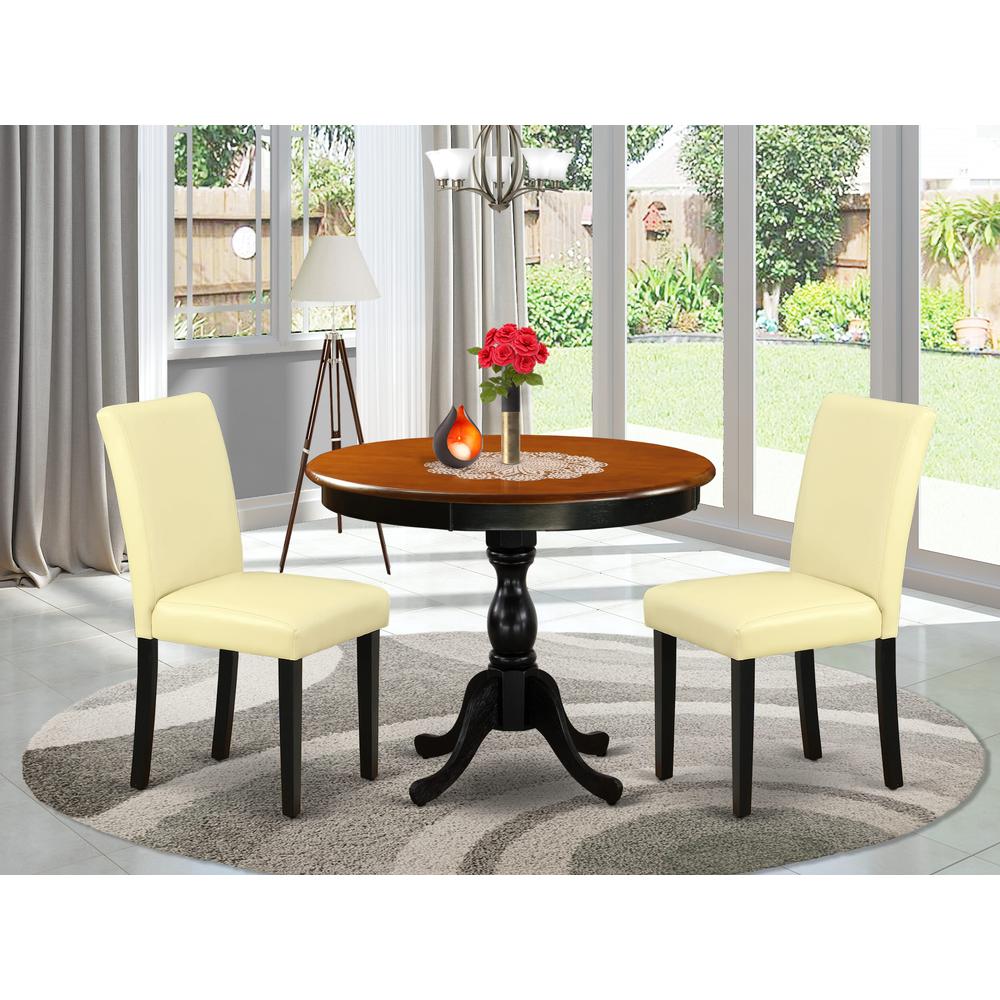 East West Furniture 3-Pc Dining Room Set Consists of a Mid Century Dining Table and 2 Eggnog PU Leather Parsons Chairs with High Back - Black Finish