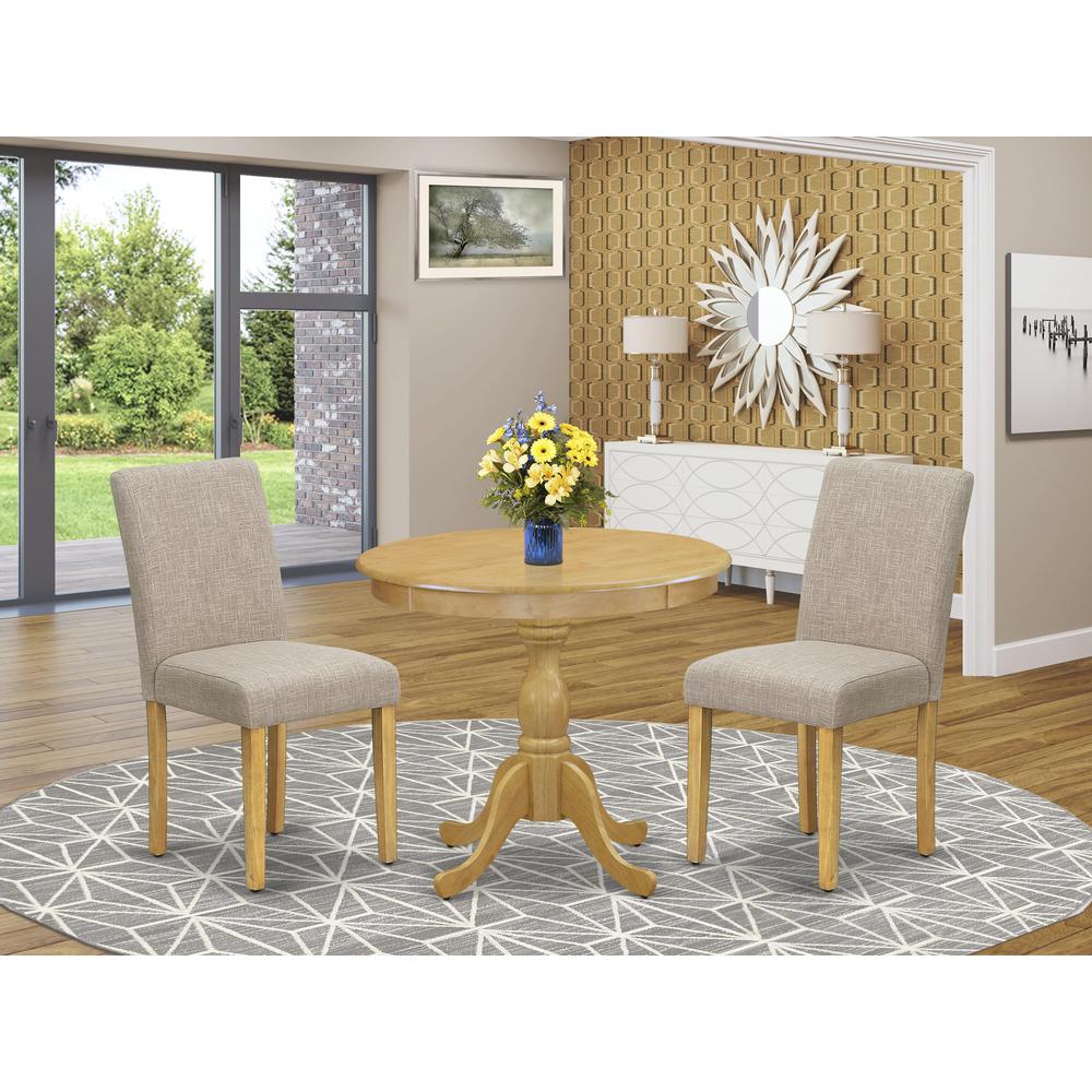 AMAB3-OAK-04 3 Piece Dining Table Set - 1 Wooden Dining Table and 2 Light Tan Padded Chairs - Oak Finish