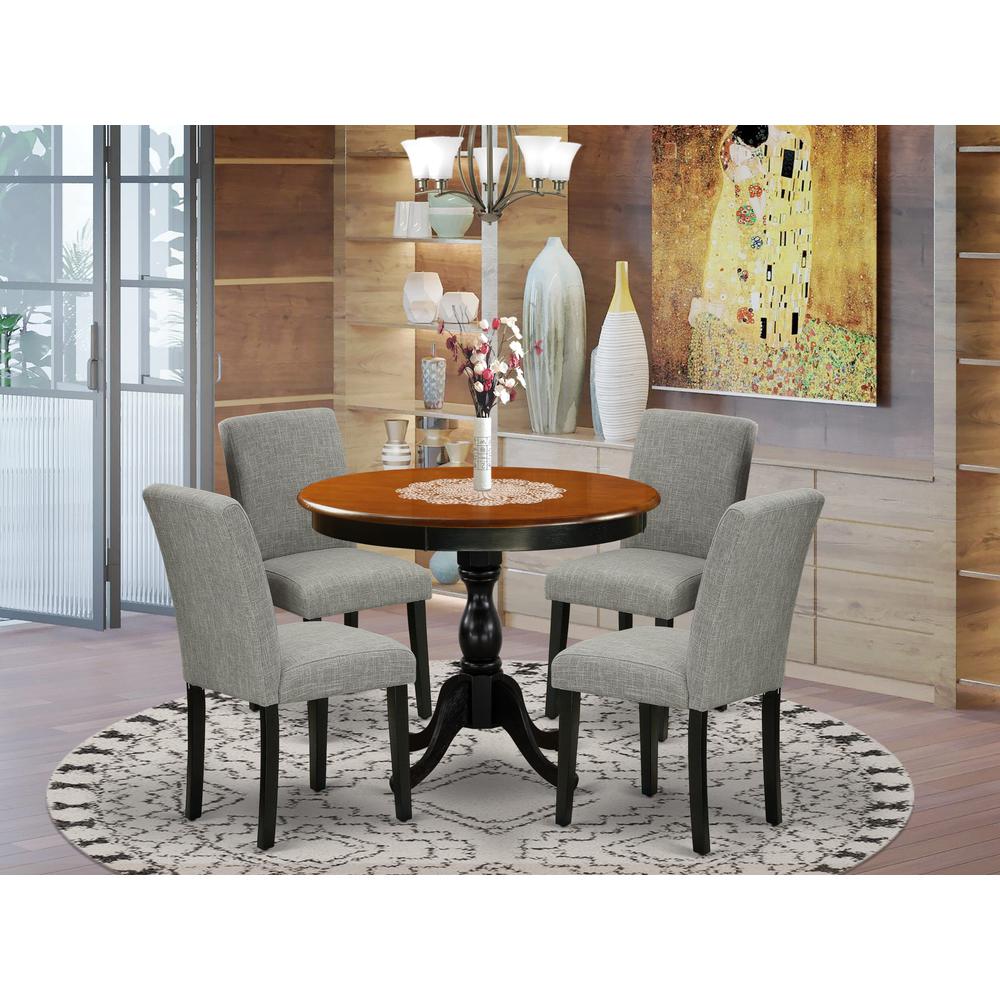 East West Furniture 5-Piece Wood Dining Set Includes a Mid Century Dining Table and 4 Shitake Linen Fabric Parson Chairs with High Back - Black Finish