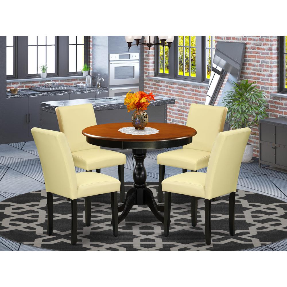 East West Furniture 5-Piece Kitchen Table Set Consists of a Round Dinning Room Table and 4 Eggnog PU Leather Dining Room Chairs with High Back - Black Finish