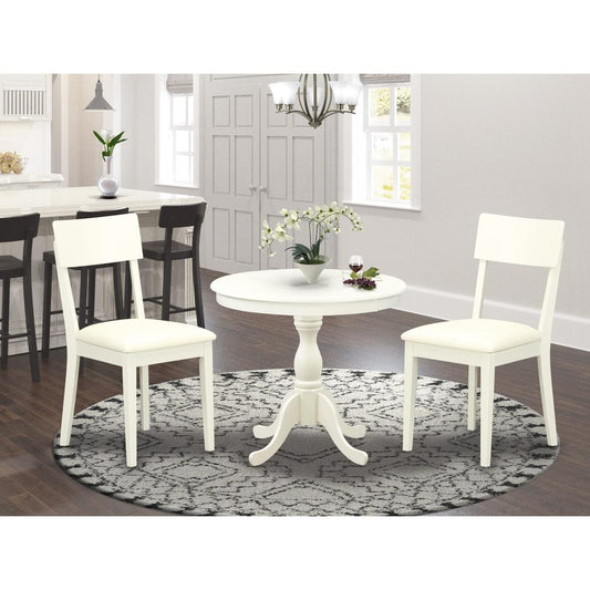 AMAD3-LWH-C 3 Piece Wooden Dining Table Set Includes 1 Dinner Table and 2 Linen White Faux Leather Dining Chairs with Ladder Back - Linen White Finish\