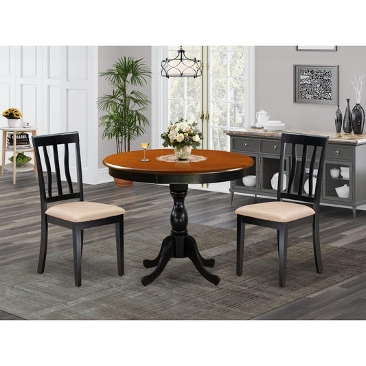 East West Furniture 3-Pc Mid Century Table Set Contains a Dining Room Table and 2 Linen Fabric Mid Century Dining Chairs with Slatted Back - Black Finish