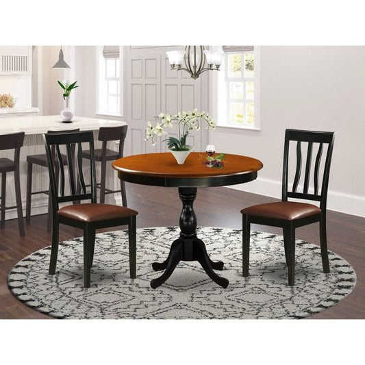 East West Furniture 3-Piece Dining Room Table Set Consists of a Modern Kitchen Table and 2 Faux Leather Kitchen Chairs with Slatted Back - Black Finish