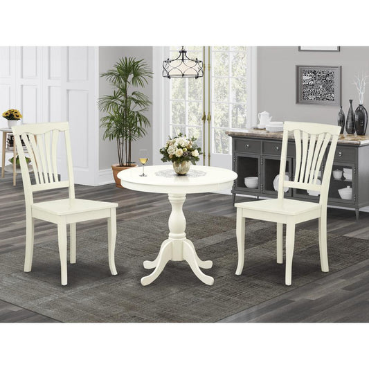 East West Furniture 3 Piece Dining Table Set Includes 1 Round Pedestal Dining Table and 2 Linen White Dinning Room Chairs with Slatted Back - Linen White Finish