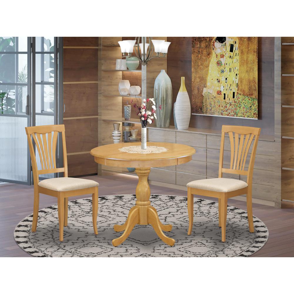 AMAV3-OAK-C 3 Piece Dining Room Set - 1 Kitchen Table and 2 Oak Linen Fabric Dinning Room Chairs - Oak Finish