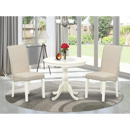 East West Furniture 3 Piece Dining Room Set Includes 1 Pedestal Table and 2 Cream Linen Fabric Kitchen Chairs with High Back - Linen White Finish