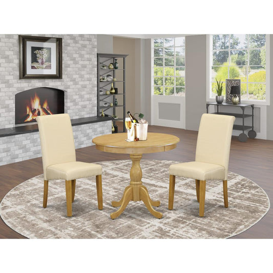 AMBA3-OAK-02 3 Piece Dining Set - 1 Pedestal Dining Table and 2 Light Beige Dinning Room Chairs - Oak Finish