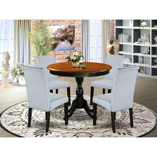 East West Furniture 5-Piece Dining Room Table Set Includes a Dinette Table and 4 Grey Linen Fabric Parsons Chairs with High Back - Black Finish