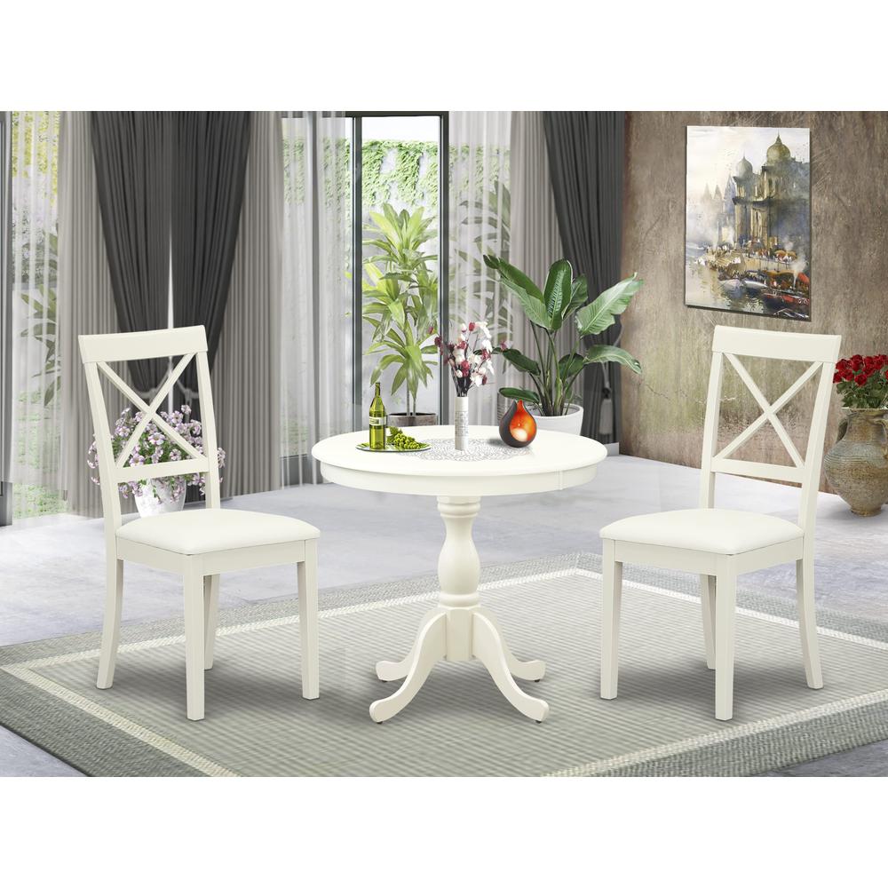 AMBO3-LWH-C 3 Pc Dining Room Set - 1 Pedestal Dining Table and 2 Linen White Dining Chair - Linen White Finish