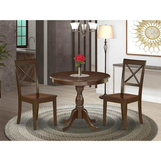 AMBO3-MAH-W 3 Pc Dining Room Set - 1 Round Pedestal Table and 2 Mahogany Dinning Chairs - Mahogany Finish