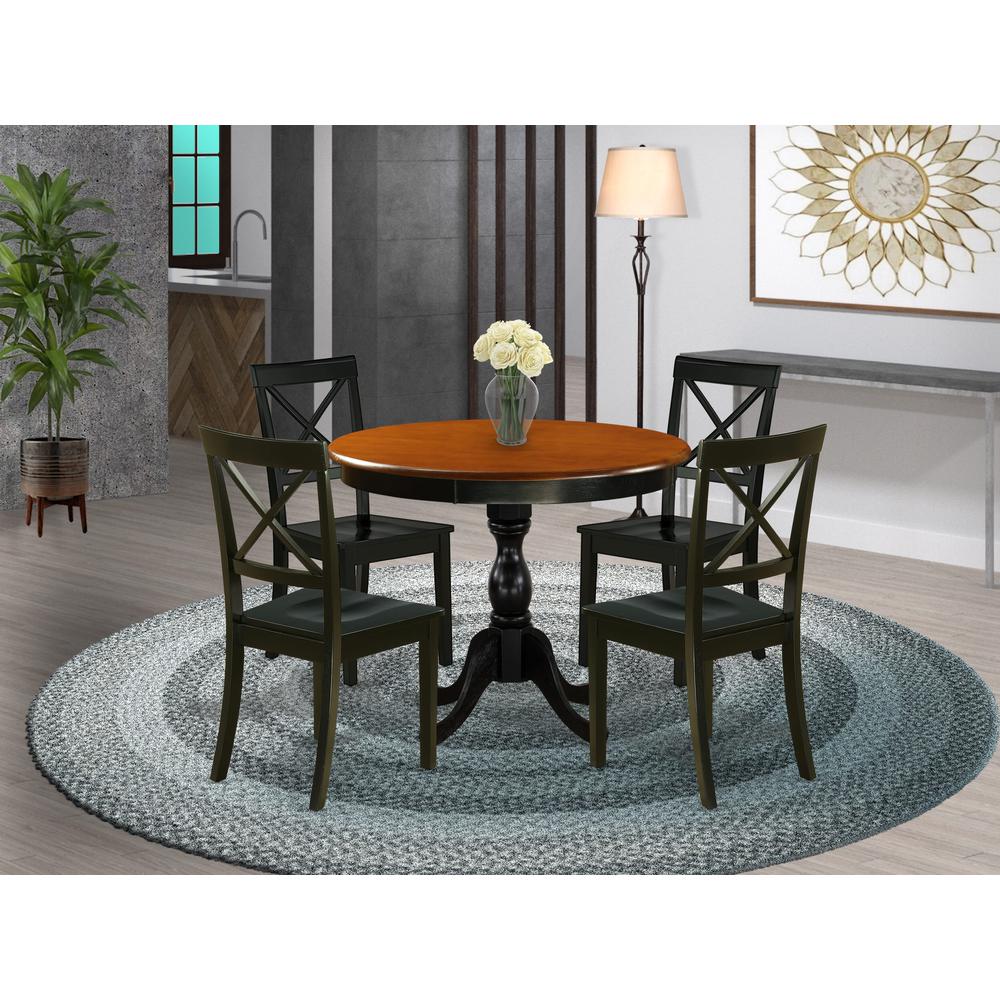 East West Furniture 5-Piece Round Table Set Contains a Dinner Table and 4 Dining Room Chairs with X-Back - Black Finish