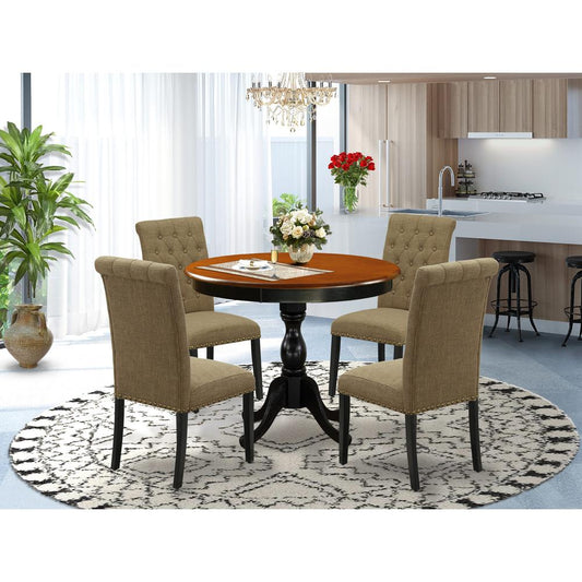 East West Furniture 5-Piece Dinning Table Set Includes a Dinning Table and 4 Light Sable Linen Fabric Modern Dining Chairs with Button Tufted Back - Black Finish