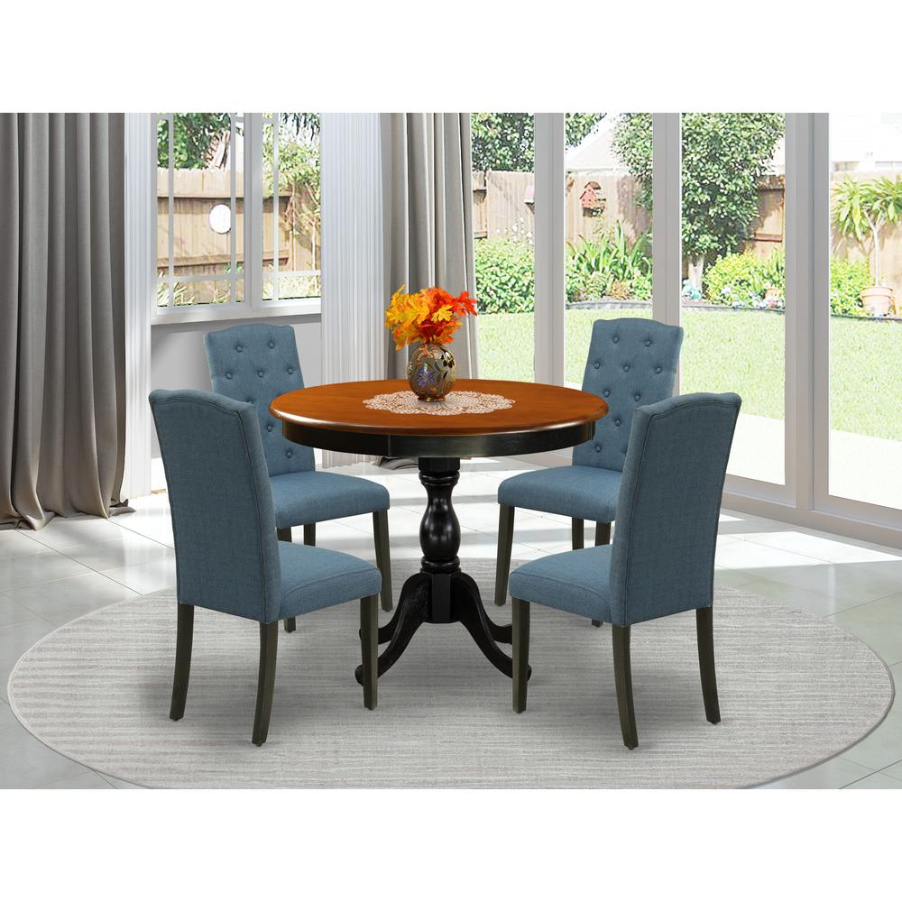 East West Furniture 5-Piece Wooden Dining Set Consists of a Wood Kitchen Table and 4 Blue Linen Fabric Parson Chairs with Button Tufted Back - Black Finish