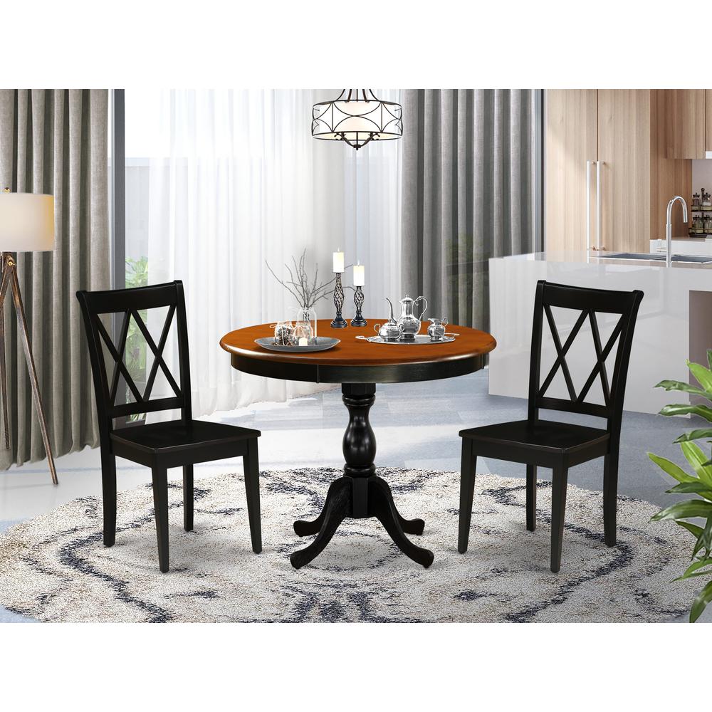 East West Furniture 3-Piece Dinning Room Set Contains a Wooden Table and 2 Wooden Dining Chairs with Double-X Back - Black Finish