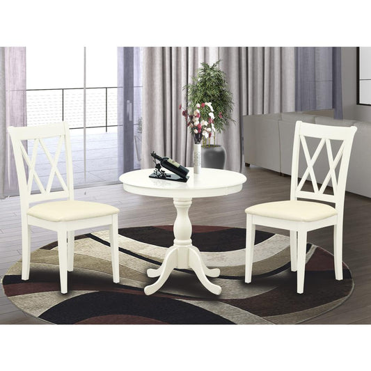 East West Furniture 3 Piece Dinning Room Table Set Contains 1 Wood Table and 2 Linen White Dining Room Chairs with Double X-Back - Linen White Finish