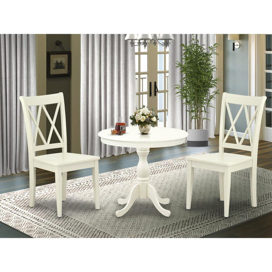 AMCL3-LWH-W 3 Piece Dining Room Set - 1 Pedestal Table and 2 Linen White Wooden Chairs - Linen White Finish