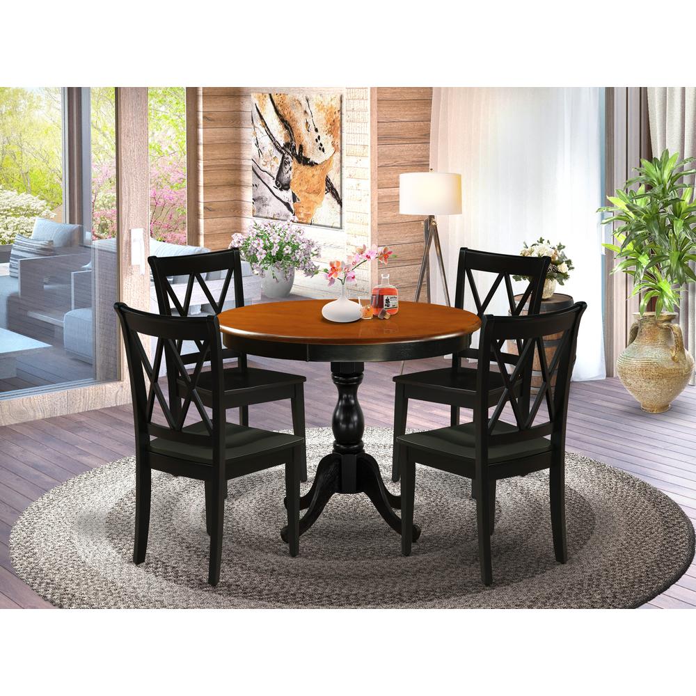 East West Furniture 5-Piece Dining Room Set Contains a Modern Dining Table and 4 Mid Century Dining Chairs with Double-X Back - Black Finish