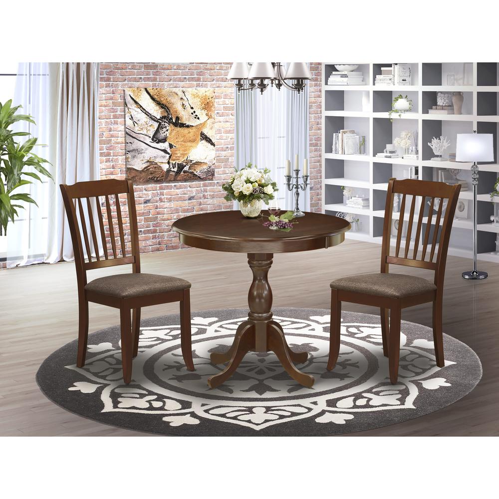 AMDA3-MAH-C 3 Pc Dining Set - 1 Round Pedestal Dining Table and 2 Mahogany Dining Chairs - Mahogany Finish