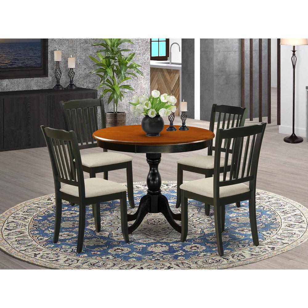 East West Furniture 5-Piece Modern Dining Set Includes a Round Wood Table and 4 Linen Fabric Dining Room Chairs with Slatted Back - Black Finish