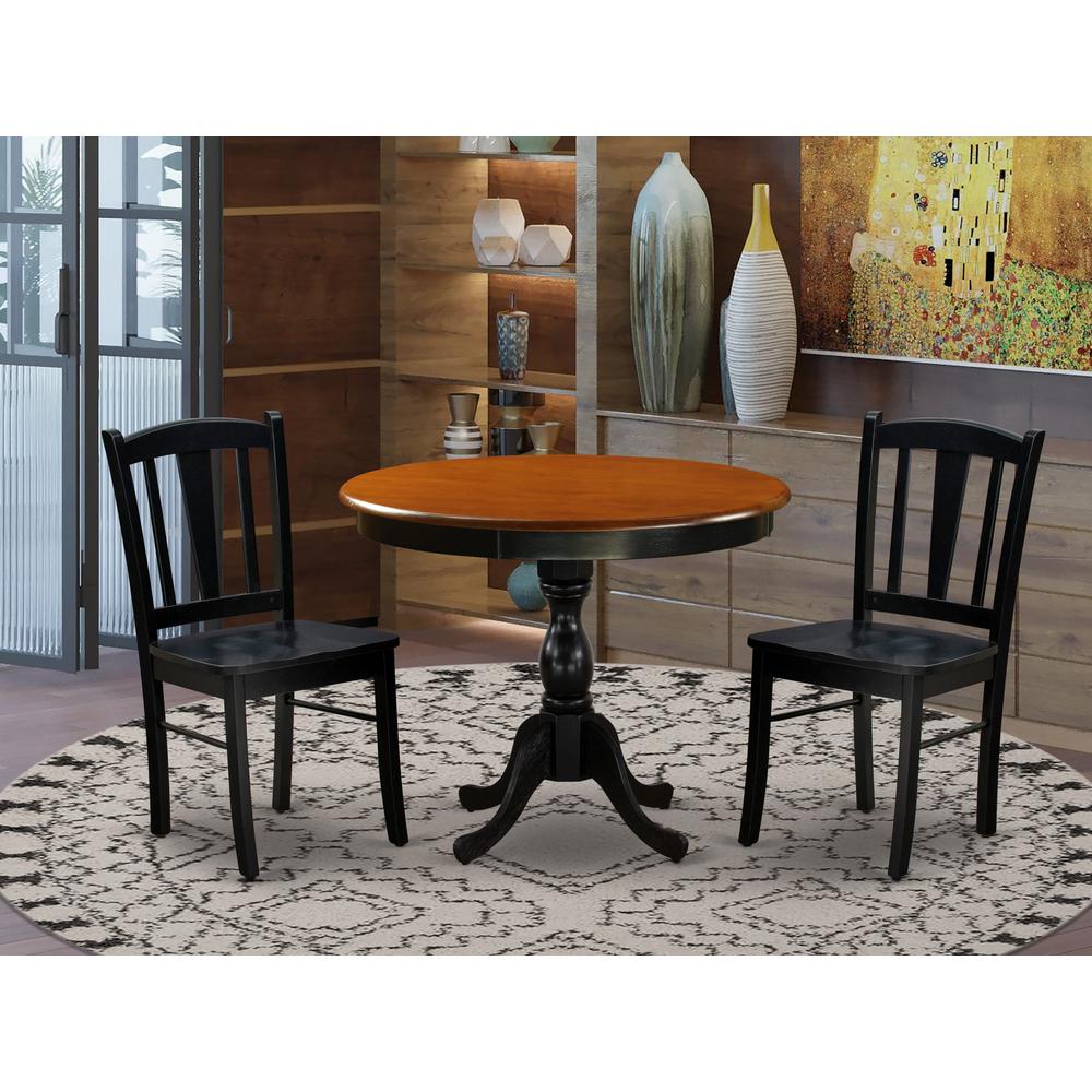 East West Furniture 3-Pc Kitchen Dining Table Set Contains a Dining Table and 2 Mid Century Dining Chairs with Slatted Back - Black Finish