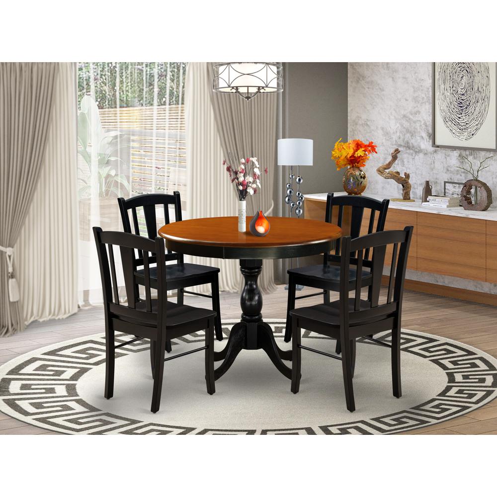 East West Furniture 5-Piece Modern Dining Set Includes a Round Wood Table and 4 Dining Room Chairs with Slatted Back - Black Finish