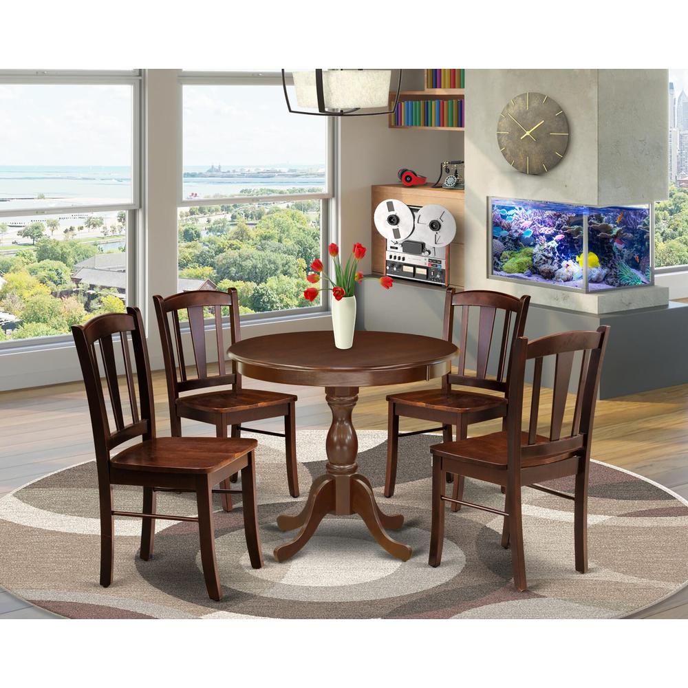 AMDL5-MAH-W - 5-Piece Modern Dining Set- 4 Dining Chair and Wood Dining Table - Wooden Seat and Slatted Chair Back - Mahogany Finish