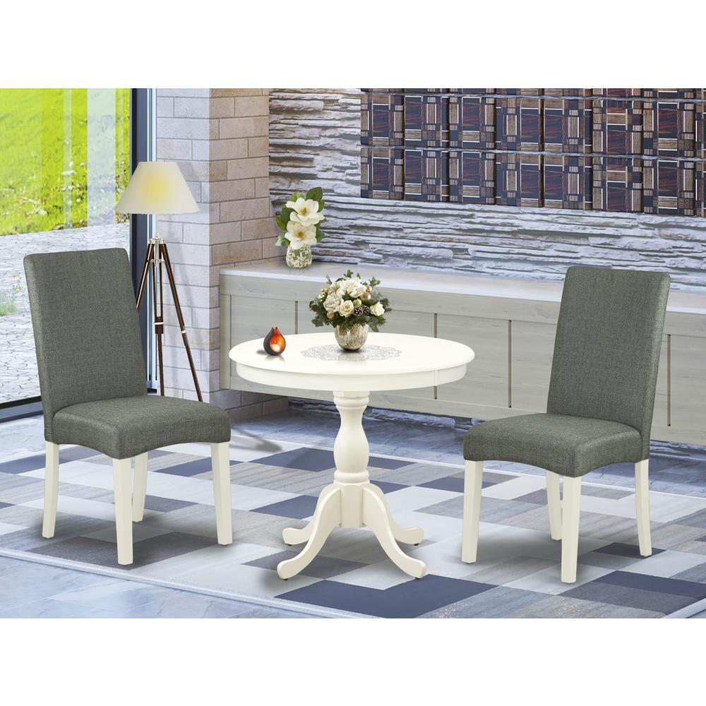 AMDR3-LWH-07 3 Piece Kitchen Table Set - 1 Modern Dining Table and 2 Grey Dining Chairs - Linen White Finish