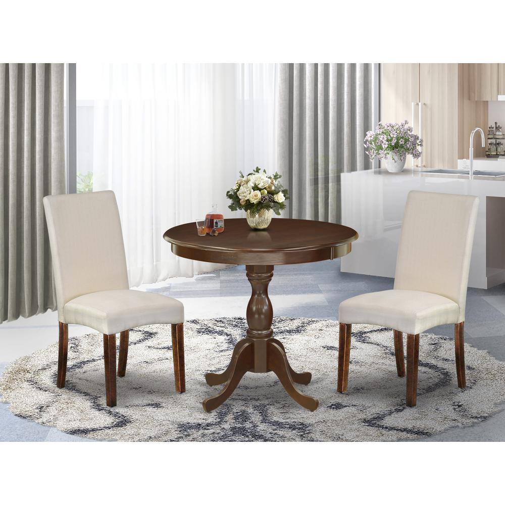 AMDR3-MAH-01 3 Piece Dining Table Set - 1 Wooden Dining Table and 2 Cream Padded Chairs - Mahogany Finish