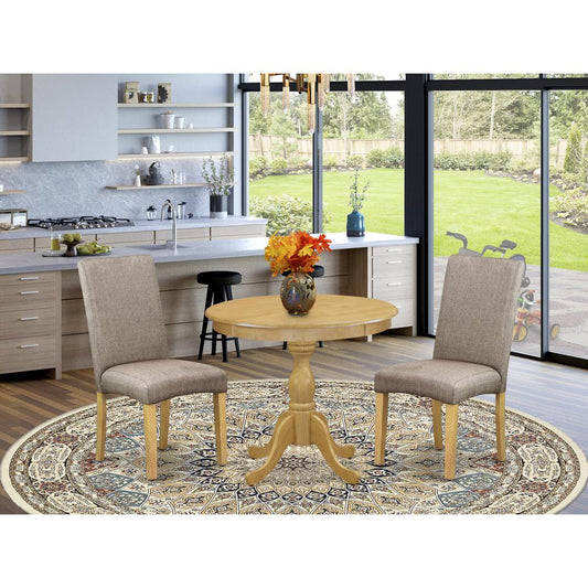 AMDR3-OAK-16 3 Piece Dining Table Set - 1 Pedestal Dining Table and 2 Dark Khaki Parson Chairs - Oak Finish