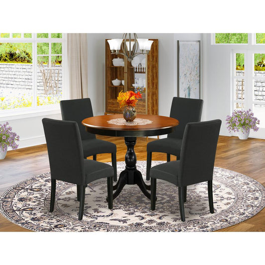 East West Furniture 5-Piece Round Dining Set Includes a Wooden Dinner Table and 4 Black Linen Fabric Parson Dining Chairs with High Back - Black Finish