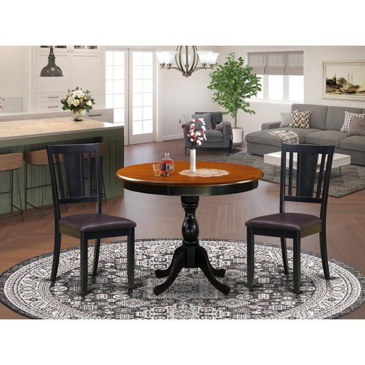 East West Furniture 3-Pc Dining Room Table Set Contains a Mid Century Dining Table and 2 Faux Leather Dining Chairs with Panel Back - Black Finish