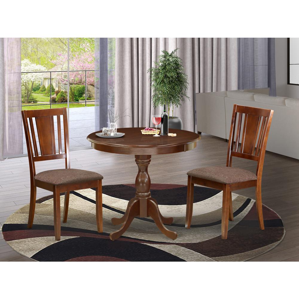 AMDU3-MAH-C 3 Piece Dining Table Set - 1 Round Pedestal Table and 2 Mahogany Kitchen Chair - Mahogany Finish