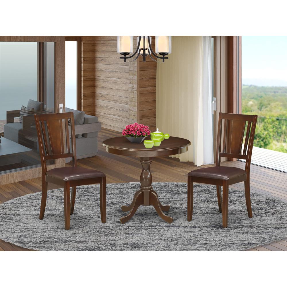 AMDU3-MAH-LC 3 Piece Modern Dining Table Set Contains 1 Round Pedestal Table and 2 Mahogany Faux Leather Kitchen Chair with Panel Back - Mahogany Finish