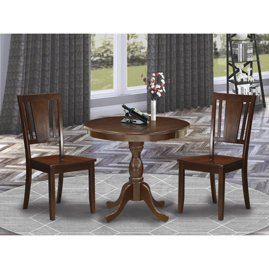 East West Furniture 3 Piece DINETTE SET Consists of 1 Pedestal Dining Table and 2 Mahogany Dinning Chairs with Panel Back - Mahogany Finish