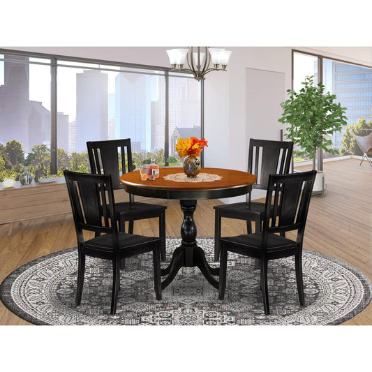 East West Furniture 5-Piece Dining Room Table Set Contains a Dining Table and 4 Wooden Dining Chairs with Panel Back - Black Finish