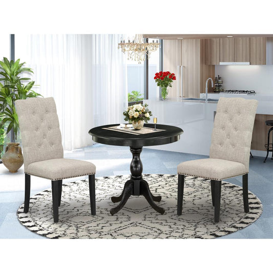 East West Furniture 3 Piece Dining Set Consists of 1 Modern Dining Table and 2 Doeskin Linen Fabric Dining Chairs Button Tufted Back with Nail Heads - Wire Brushed Black Finish