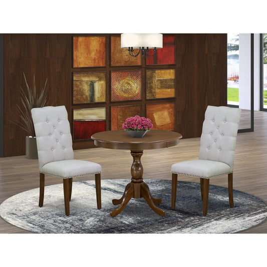 East West Furniture 3 Piece Dinette Set Consists of 1 Pedestal Table and 2 Grey Linen Fabric Kitchen Chair Button Tufted Back with Nail Heads - Acacia Walnut Finish